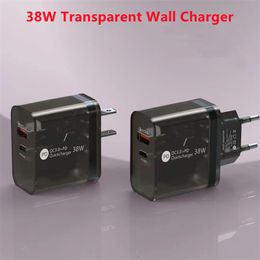 Chargeur USB C 38W double Ports, adaptateur d'alimentation Transparent QC3.0 PD USB Type C, chargeur rapide pour iPhone 15 Samsung S24 LG ordinateurs portables tablettes