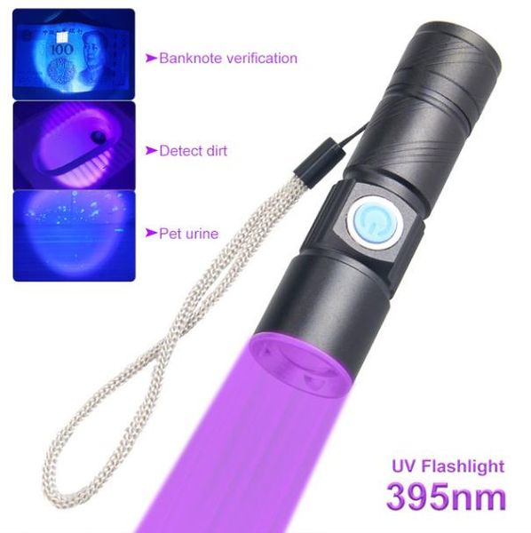 395nm 365 nm lampe UV USB Ultrafulable Ultraviolet Lampe de poche 3 MODIVERS MINIVER UV TORCHE TORCHE TELESCOPIQUE DE TORCH