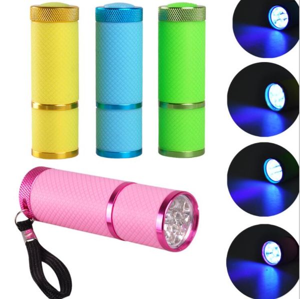 395nm uv lampe de poche filles femmes portable Mini sèche-ongles violet lampe de poche torche 9 led Cure Nail Gel violet lumière détecteur d'argent lampe