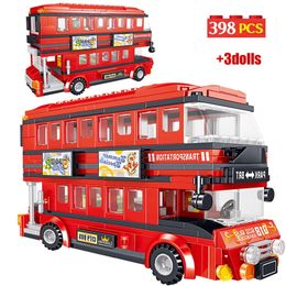 398PCS CITY Double Deck Bus Bouwstenen Rode transport School Auto Bakstenen Diy speelgoed voor kinderen Boys 220715
