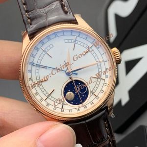 39MM KZ Factory Montres de montre en or rose pour hommes KZf Bracelet en cuir marron Mouvement automatique Phase de lune en chocolat Fonction Calendrier Montres-bracelets en saphir lumineux