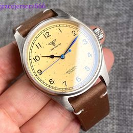 39 mm Tandorio Mechanical Watch Men NH35 PT5000 Beweging Blue Hand Vintage Yellow Dial