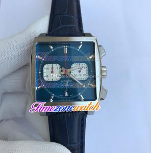 3A 39 mm vierkant Japan VK Quartz Chronograph Mens Watch Stopwatch Blue Dial White Subdial Steel Case Blue Leather Strap Hoge kwaliteit 7857718