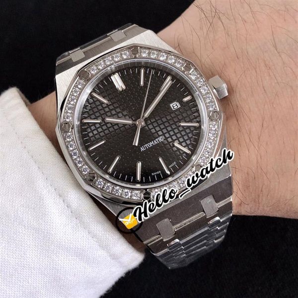 3A 41 mm Asiático 2813 Reloj automático para hombre Textura negra Dial Bisel de diamante Pulsera de acero inoxidable Relojes de zafiro 15400 Hola W260W