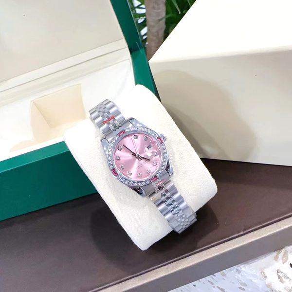 3A Relojes de lujo para mujer Caja de acero inoxidable de 28 mm Reloj con movimiento de cuarzo Helado hacia fuera Bisel de diamantes Estilo de vida Vestido impermeable Reloj de pulsera Reloj de diseñador Montre De Luxe