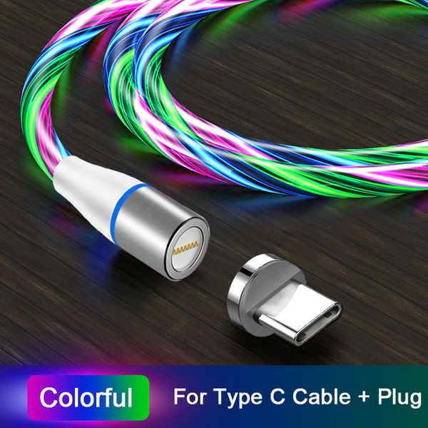 Cable magnético 3A, iluminación luminosa de flujo Led, Cable USB para Samsung Huawei, cargador magnético Micro tipo C, Cable de carga rápida tipo C