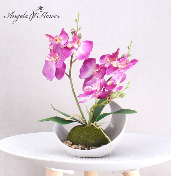 3 branches artificielle orchidée fleur plantes en pot soie phalaenopsis feuille de mousse vase en plastique faux fleur jardin décor à la maison bonsaï Y200104