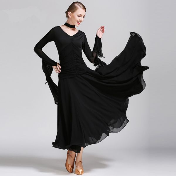 Rouge Blanc Noir Adulte / Fille Salle de bal robe de danse moderne Waltz Tango danse standard Concours Robe sexy encolure en V élégante robe à manches longues