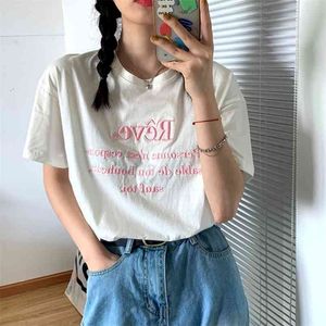 3 kleuren Koreaanse stijl brief borduurwerk losse korte mouw t-shirts tee shirt femme vrouwen zomer tops (F4321 210623