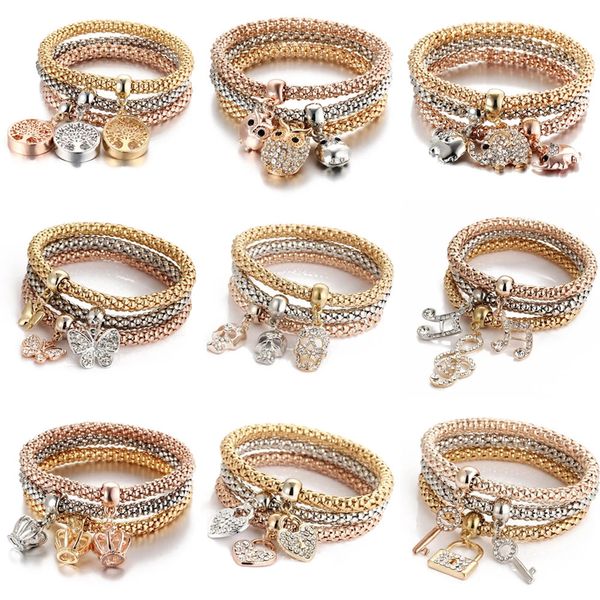 3Colorslot Tree of Life Bracelet élastique Ensemble pour les femmes Crystal Owl Key Lock Music Note papillon coeur charme bijoux 240418