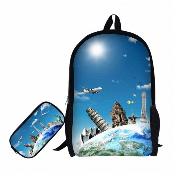 Avion d'impression 3D Enfants Sac à dos + étui à crayons pour sacs à dos de lycée pour les élèves du primaire Adolescents Mochila H8IB #