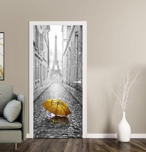Autocollants de porte parapluie d'allée 3D, tour de fer amovible, porte en bois PVC, décoration murale décorative pour rénovation de la maison, 2961464