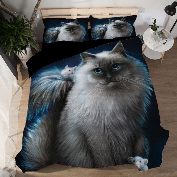 3D Animal Cat Noir Literie Ensemble Twin Queen King Taille Chambre à coucher de Polyester Jeu de draps de coutures de couette Ensembles taies d'oreiller T200706