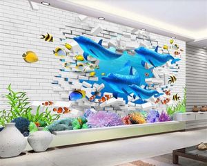 3d dier behang 3d gebroken bakstenen muur oceaan dolfijn koraal tropisch romantisch landschap decoratieve muurschildering behang