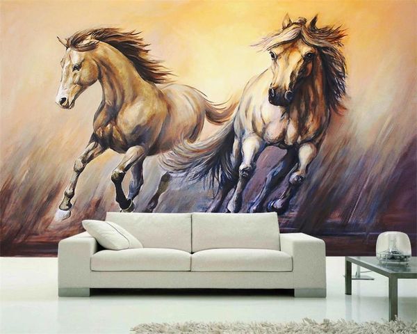 Fond d'écran animalier 3d de style européen cheval au galop rétro européen et américain peinture à l'huile peinte à la main revêtement mural fond d'écran HD