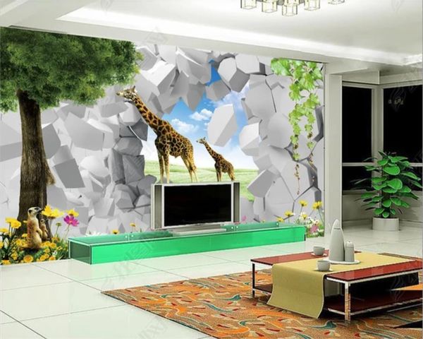 Fond d'écran 3D Mode 3D Stereo Girafe Paysage TV Contexte Décoration de mur Photo 3D Fond d'écran Mural
