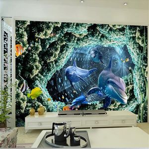 3D aquarium tube dolfijn tv achtergrond wanddecoratie schilderij aangepaste grote muurschildering groen behang papel de parede