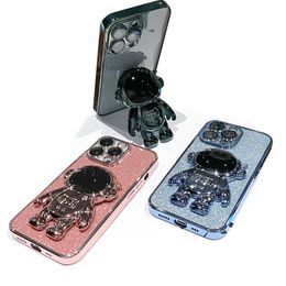 3D Astronaute Glitter Stand Téléphone Cas Pour iphone 14 Pro Max 13 12 11 XR Xs Électrolytique De Luxe Femmes Housse De Protection Antichoc Anti Chute