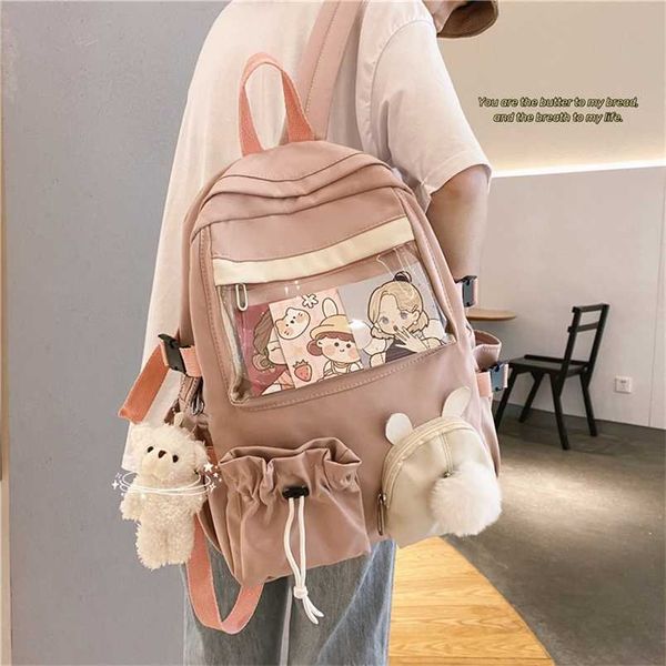 Mochila 3d de dibujos animados de color rosa para mujer, conejito, Anime, mochila escolar Kawaii para chicas universitarias adolescentes, mochila con cordón sólido, mochila de Corea 202211