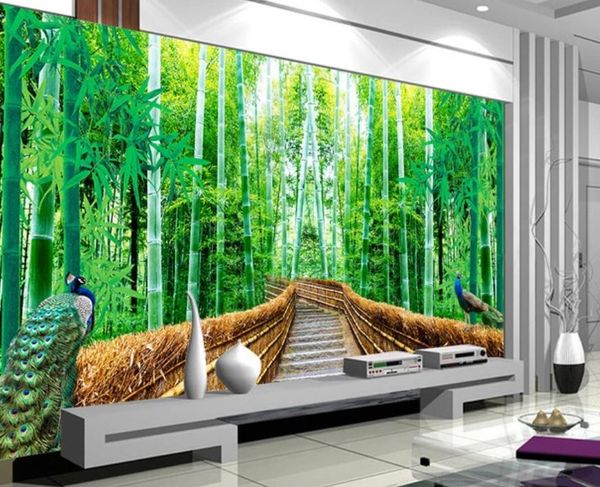 Fondos de pantalla de sala de estar modernos con pintura de pared de fondo de paisaje de sendero de bosque de bambú 3d