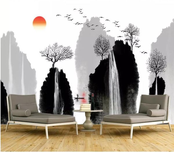 Papier peint de salle de bain 3d nouveau mur de fond de télévision de cascade de paysage d'encre de Chine