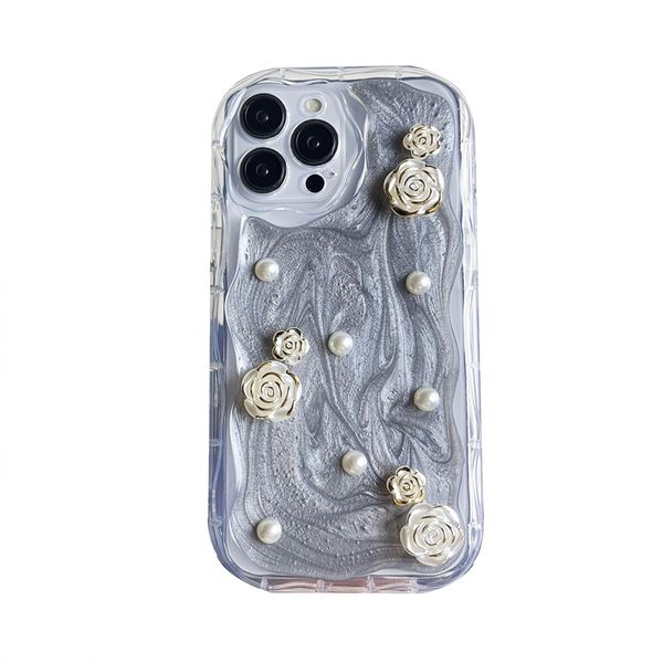 Étuis de fleurs de perles 3D pour iPhone 15 Pro Max 14 Plus 13 12 11 XR X XS MAX Mignon Belle vague côté souple TPU Mode Bling Dripping Colle Crème Antichoc Couverture arrière de téléphone portable