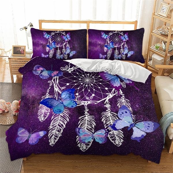 Ensemble de literie 3D Butterfly DreamCatch Feater Housse de couette Taie d'oreiller Fermeture à glissière Simple Double Full Queen King Size pour enfants 201210