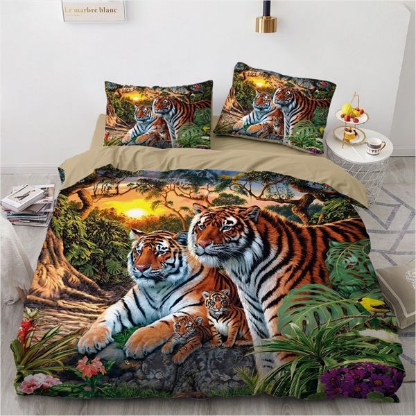 Conjuntos de ropa de cama en 3D Edredón de edredón de edredón de edredón edredón de ropa de cama de lino Rey Reina 180x210cm Tamaño de tamaño Animal Tiger Diseño impreso 210317