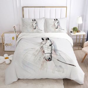 Juegos de cama 3D Juego de funda nórdica y funda de edredón Edredón Funda de almohada Ropa de cama King Queen Tamaño individual completo Blanco Animal Caballo Texitle para el hogar 2314p