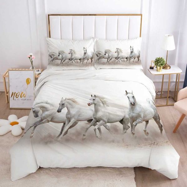 Conjuntos de ropa de cama 3D Juego de funda de edredón Edredón Funda de almohada Ropa de cama King Queen Tamaño individual completo Blanco Animal Caballo Hogar Texitle 210615