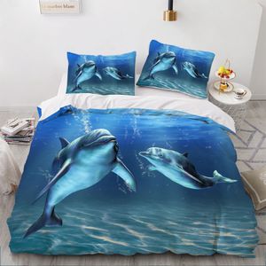 Ensembles de literie 3D Sea Dolphin Blue Couette Housse de couette Ensemble Couette Linge de lit Taie d'oreiller King Queen Taille complète 140x200 Home Textile 210309