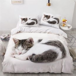 Ensembles de literie 3D Ensemble de housse de couette blanche Couette Linge de lit Taie d'oreiller King Queen 140 210 cm Taille Chiens Pet Dog Cat Design 21031277c