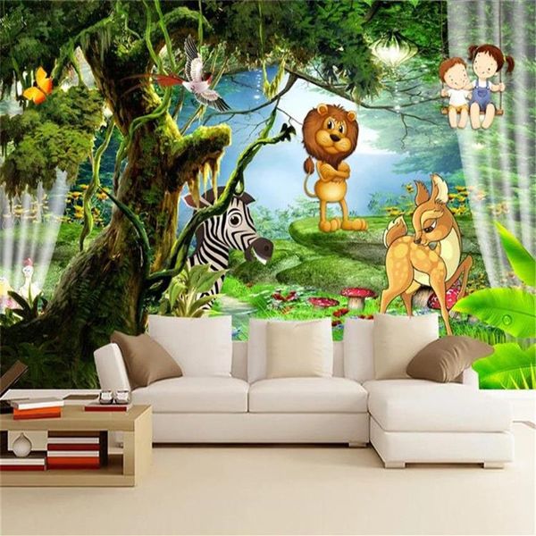 Papel tapiz 3d para dormitorio, bosque de fantasía, estética, dibujos animados, animales, fondo de sala de niños, fondos de pared, pintura para decoración del hogar M221R