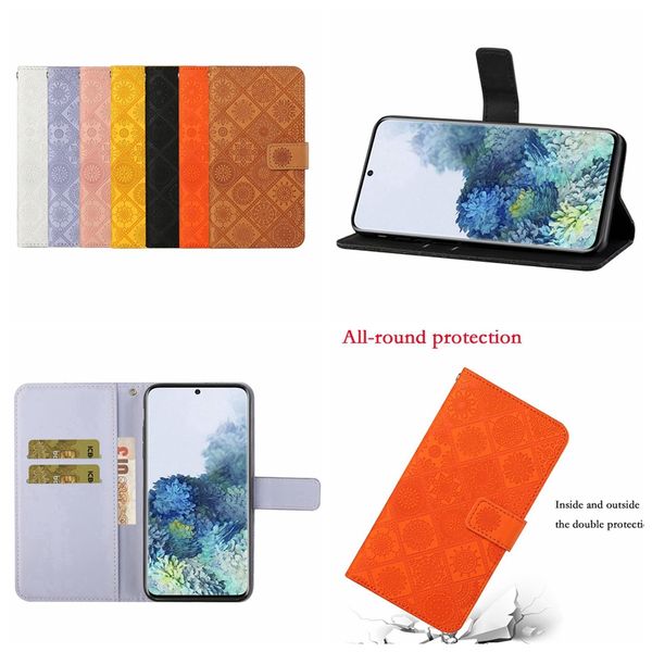 Étuis portefeuille en cuir ethnique pour Samsung S23 A04S M13 4G 5G A04 M23 F23 M40S A54 A34 A23 A73 A12 A32 Note 20 Ultra A13 Fleur Dentelle Henné Mandala Porte-cartes Flip Cover