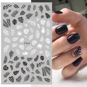 3D Black and White Maple Leaf Nail Stickers Art Decoration Geometric Heart English Alphabet Decals Slider 240418