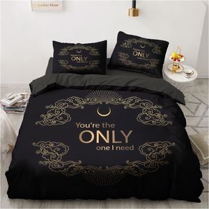 3D Black Beddengoed Sets Dekbed / Quilt / Trooster Cover Set Bed Linnen Kussensloop Koning Koningin 245x210cm Size Alleen Gold Design Gedrukt 210319