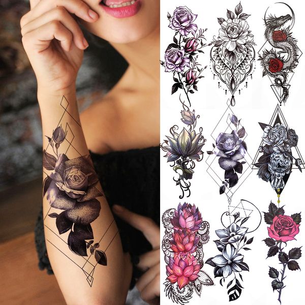 3D fleur noire tatouages temporaires pour femmes Rose pivoine Lotus tatouage autocollant faux bijoux chaînes géométrique Triangle Tatoo décalcomanie