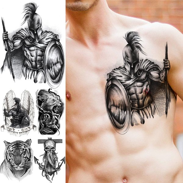 3D Noir Grand Guerrier Bouclier Tatouages Temporaires Pour Hommes Adulte Ancre Lion Tigre Ailes Réaliste Faux Tatouage Poitrine Tatoos