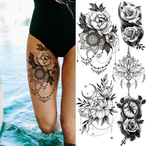 3D noir Rose fleur Mandala pendentif tatouages temporaires pour femmes adulte Lotus pivoine boussole faux tatouage Sexy cuisse lavable Tatoo