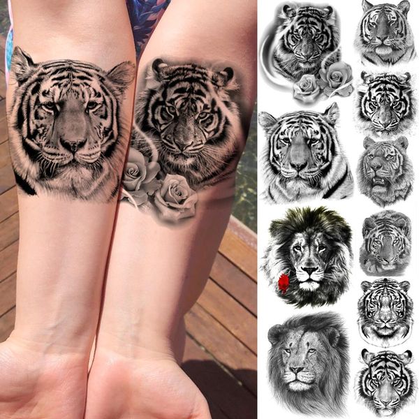 3D noir tigre Rose fleur tatouages temporaires pour femmes adultes hommes réaliste noir Animal faux tatouage Lion avant-bras lavable Tatoos