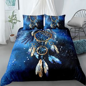 Couverture de couette de plumes bleues 3D Couvertures de couette Taie d'oreiller Dream-Catcher Literie Ensemble Tissu doux King Twin Queen Taille Home Textile LJ201127