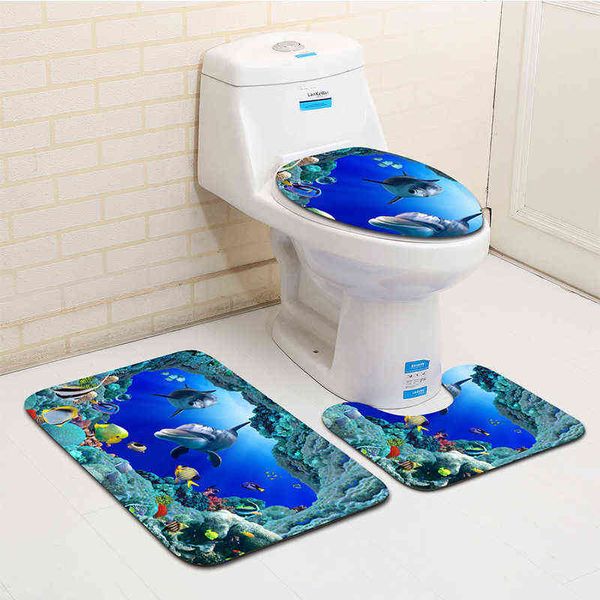 3D Blue Ocean Deep Sea Dolphin 3 Piecet Couverture de toilette Tapis antidérapant Tapis de bain Siège de toilette Tapis de bain Accessoires pour décor de salle de bain 211109