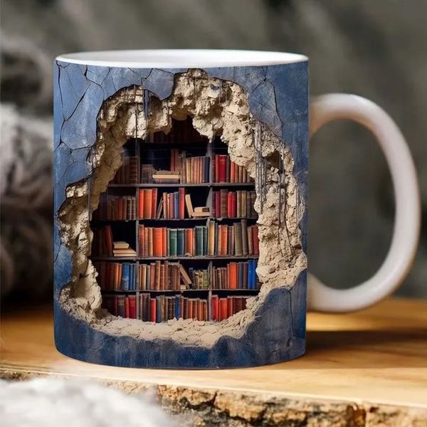 3D Librairie Mug 350 ml Création Space Design Céramique Effet Bibliothèque Shelf Café Cadeaux pour les lecteurs Love Lovers 240418