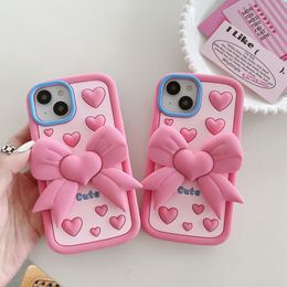 3D Bowknot Holder -hoesjes voor iPhone 15 Pro Max 14 13 12 11 iPhone15 X XS XR 8 7 6 Bow Soft Silicone Rubber Cute Love Pink Red Heart Love Kandstand Mobiele mobiele telefoon achteromslag