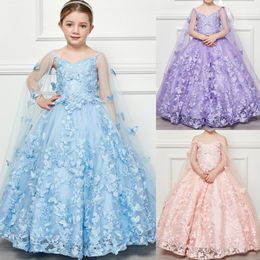 3D Vlinder Cape Meisje Optochtjurk 2024 Glitter Kleine kinderen Leuke Mode Catwalk Drama Verjaardag Formeel Cocktailparty Jurk Peuter Tiener Miss Lila Lichtblauw Blush