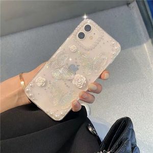 3D vlinder bloemen telefoonhoesjes helder nieuw ontwerp esthetische vrouwen tienermeisjes glitter mooi kristal fonkeling schattig girly beschermend