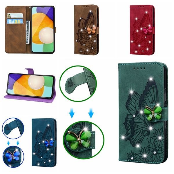 Étuis portefeuille en cuir de fleur de papillon 3D pour Samsung S24 Ultra S24 Plus A15 A05S Xiaomi 13T 14 Pro Redmi Note 13 5G Bling Diamond Holder Flip Cover Vintage Phone Pouch