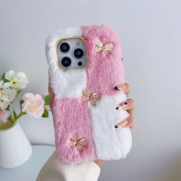 3D Vlinder Pluizig Bont Fuzzy Telefoonhoesjes Voor Iphone 15 14 Pro Max Plus 13 12 11 X XS XR 8 7 Iphone15 Phone15 Haar Pluche Zacht TPU Meisjes Dame Dames Mobiele Telefoon Covers Achterhuid