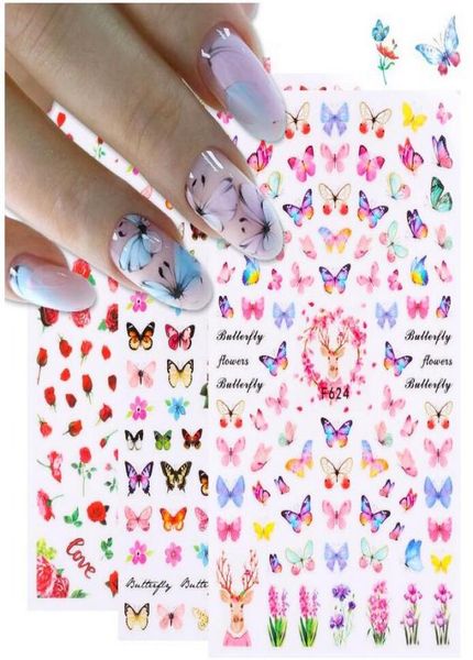 Autocollants pour ongles 3D papillon, fleurs colorées, Rose rouge, adhésifs de manucure, feuilles de tatouage, décorations, Whole1070051