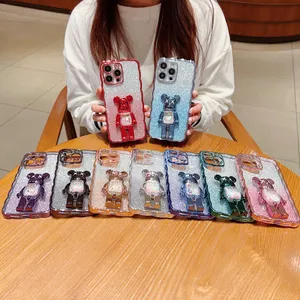 Étuis de téléphone plaqués avec support d'ours de bonbons 3D pour iPhone 14 Pro Max 13 12 11 XR XS X 8 7 Plus Béquille de luxe Papier Bling Glitter Sparkle Métallique Souple TPU Lentille Couverture Dégradée